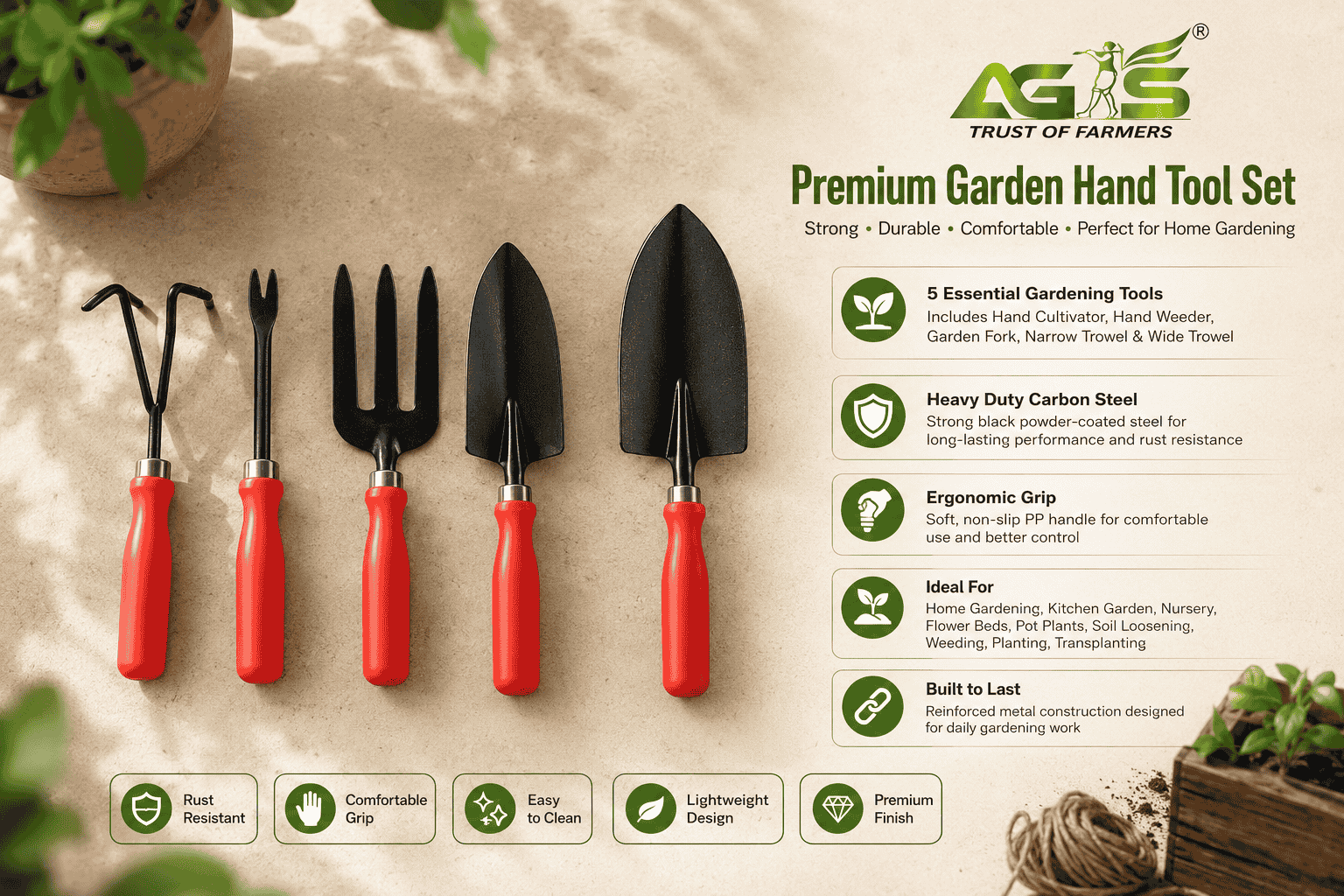 AGS Premium Garden Hand Tool Set Features - Ergonomic Grip & Carbon Steel AGS Premium Garden Hand Tool Set Features - Ergonomic Grip & Carbon Steel
